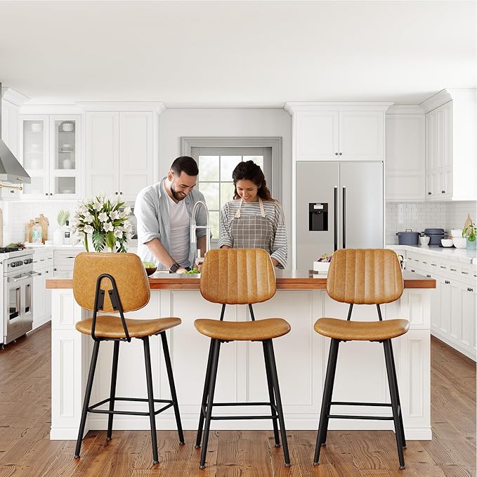 24-Inch Leather Bar Stools Set of 3, Counter Height Barstools with High Backrest，Bar Chairs for Kitchen Island with Heavy Duty Metal Legs, Brown