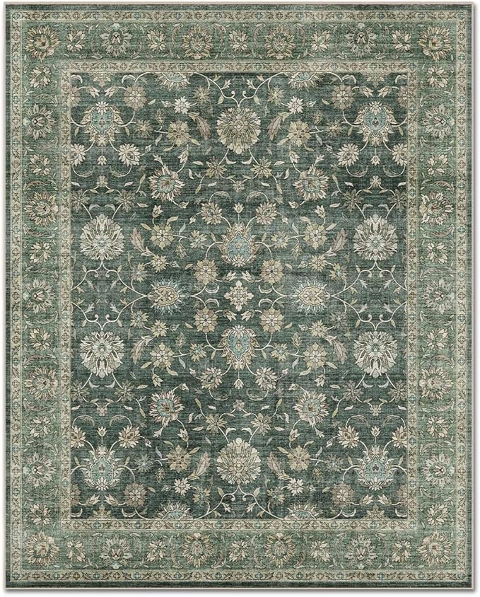 Washable 8x10 Area Rugs for Living Room, Boho Non-Slip Vintage Distress Large Rugs for Bedroom Dining Room Nursery Office, 0.3" Neutral Oriental Throw Thin Carpet, Sage Green/Blue/Multi