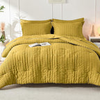 HYMOKEGE Mustard Yellow King Size Comforter Set Seersucker 7 Pieces, All Season Luxury Bed in a Bag for Bedroom, Bedding Set with Comforter, Sheets, Pillowcases & Shams