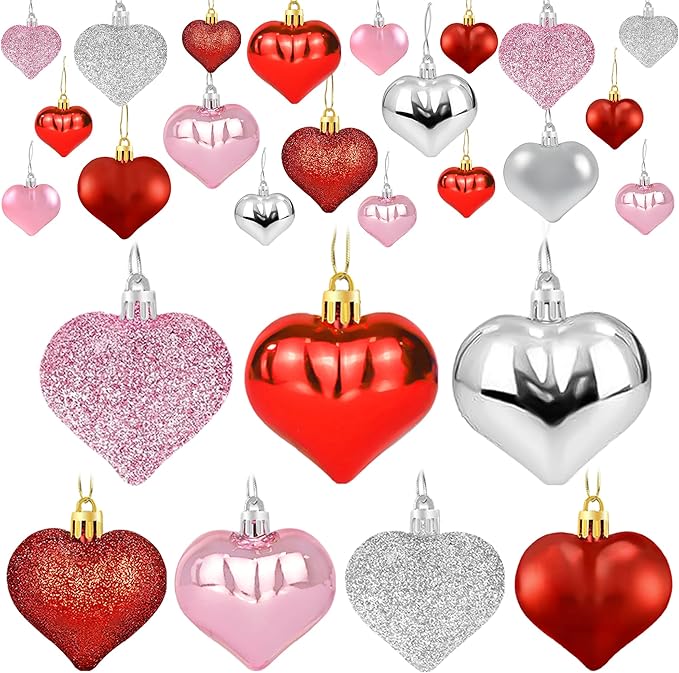 48PCS Heart Ornaments for Valentines Day Decorations, 2 Sizes Heart Shaped Ornaments for Christmas Valentine Tree, Red Pink Silver Glitter Hearts Hanging Decorations for Valentines Day Decor