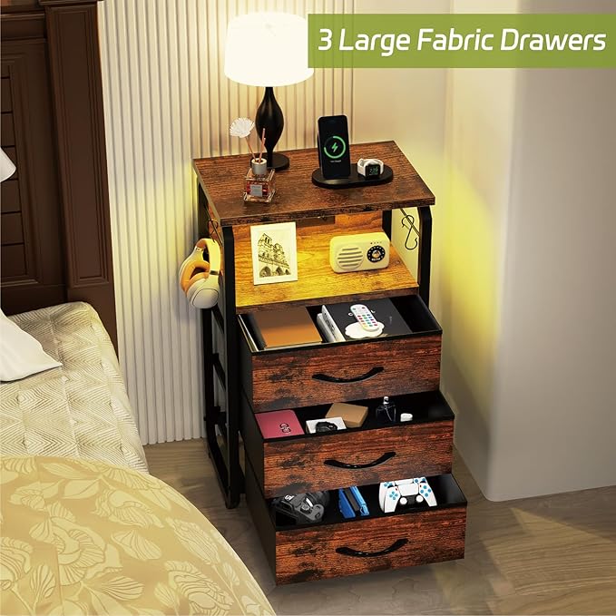Bed Side Table with 3 Fabric Drawers, Night Stand with Charging Station, LED Nightstand with Hooks, Bedside Table End Table with Storage, Night Table for Living Room, Bedroom (Rustic Brown)