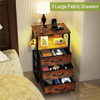 Bed Side Table with 3 Fabric Drawers, Night Stand with Charging Station, LED Nightstand with Hooks, Bedside Table End Table with Storage, Night Table for Living Room, Bedroom (Rustic Brown)