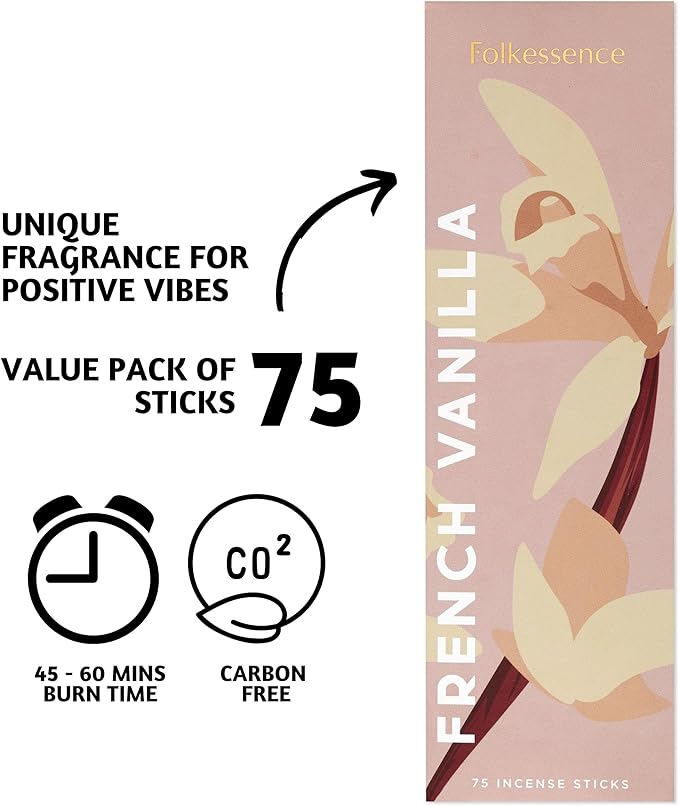 Folkulture Incense Sticks (75 Sticks) |8" French Vanilla Incense Sticks For Meditation, Aromatherapy, Valentines Day Gifts For Her | No Charcoal,Organic, Non Toxic, 45 Min, Long Burning Insence-Sticks