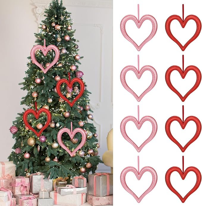 Aneco 8 Pieces Valentine's Day Heart Hanging Ornaments for Tree 9.45 Inch 3D Heart Shaped Decorations Glitter Foam Hearts Wreath for Wedding Valentine Front Door Wall Home Decor