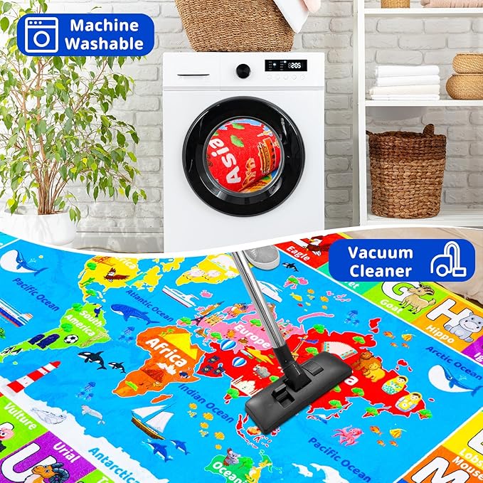 World Map ABC Kid Rug for Playroom Geography 110"×78.7" Classroom Play Rug Educational Baby Playmat Alphabet Rug for Primary School Fluffy Ployester Non-Slip Preschool Rug for Nursery Room