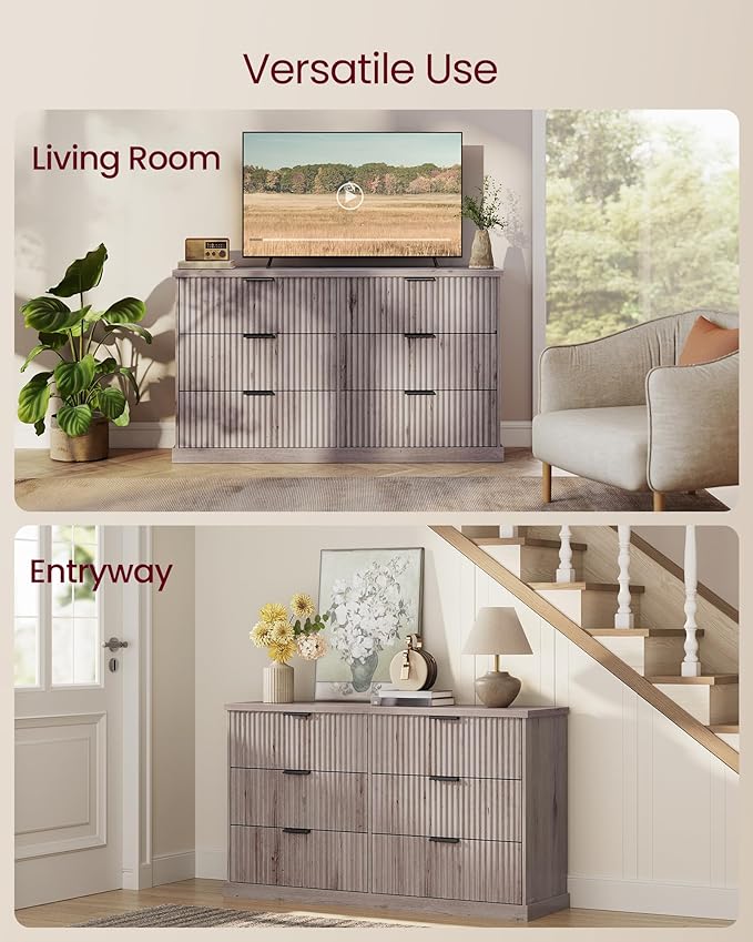 VASAGLE MAXE Collection - 6-Drawer Double Dresser for Bedroom, 54.2-Inch Wide Chest of Drawers, Fluted Panels, Mid Century Modern Storage Dresser, TV Stand for Living Room, Washed Gray ULTS662FD01S