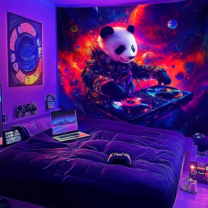 NYZE Blacklight Tapestry Panda Music Wall Tapestry Art Party Banner Colourful Poster Design Tapestries for Hip Hop College Dorm Room Bedroom Wall Decor 59in×51in