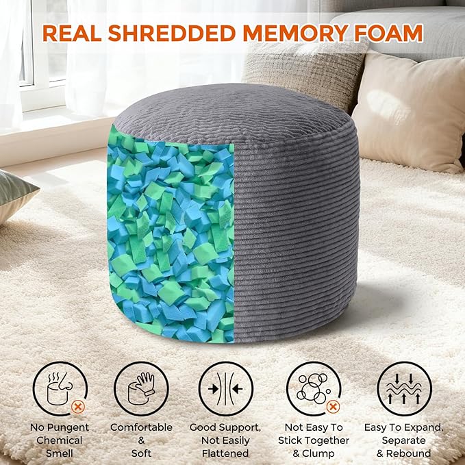 Pouf Ottoman Foot Rest, Comfortable & Soft, Round Footstool for Living Room, Bedroom, Office, Room Decoration, Corduroy Foot Stool Pouf with Odorless & Anti-Clump Filling, Large Dark Grey