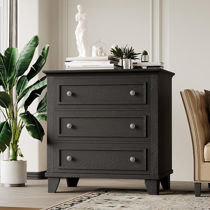 GarveeHome Black 3 Drawer Dresser for Bedroom, Wide Chest of Drawers with Vintage Handle, Wood Dresser Wide Nightstand for Living Room