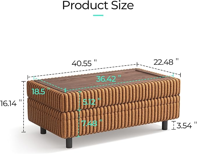 LINSY HOME Sectional Sleeper Sofa Storage Ottoman Bench, Convertible Coffee Table Plush Corduroy Couch Ottoman Footstool for Living Room, Bedroom Entryway and Family Room, Brown