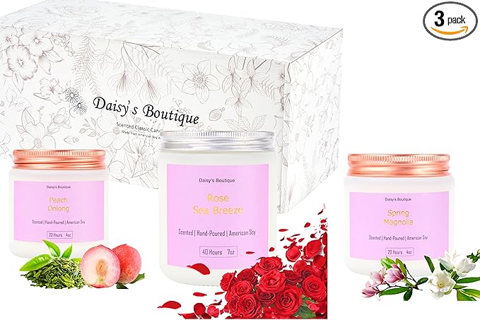 3 Pack Scented Candles for Home Aromatherapy Candle Gift Set Soy Wax Long Lasting Gift Birthday Mother's Thanksgiving Day Present (White Jar (Peach Oolong + Rose + Magnolia)