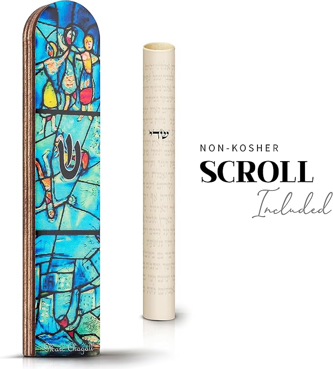 SURI Wooden Mezuzah for Door – 5 Inch Contemporary Turquoise Chagall-Inspired Mezuzzah Case with Printed Scroll, Self-Stick Adhesive, Fits a 4 Inch Scroll, Gift Box Include