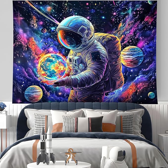 NYZE Astronaut Space Tapestry for Bedroom, Glow in the Dark Room Decor Wall Tapestries, Cool Galaxy Planet Wall Hanging, Wall Hanging for Men Guys Gamer Room Dorm Living Room 79in×59in
