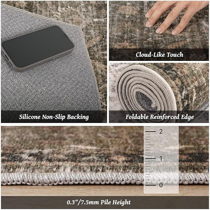 Washable 10x14 Area Rugs for Living Room, Boho Non-Slip Vintage Distress Large Rugs for Bedroom Dining Room Office, 0.3" Neutral Oriental Throw Thin Carpet, Rust/Multi