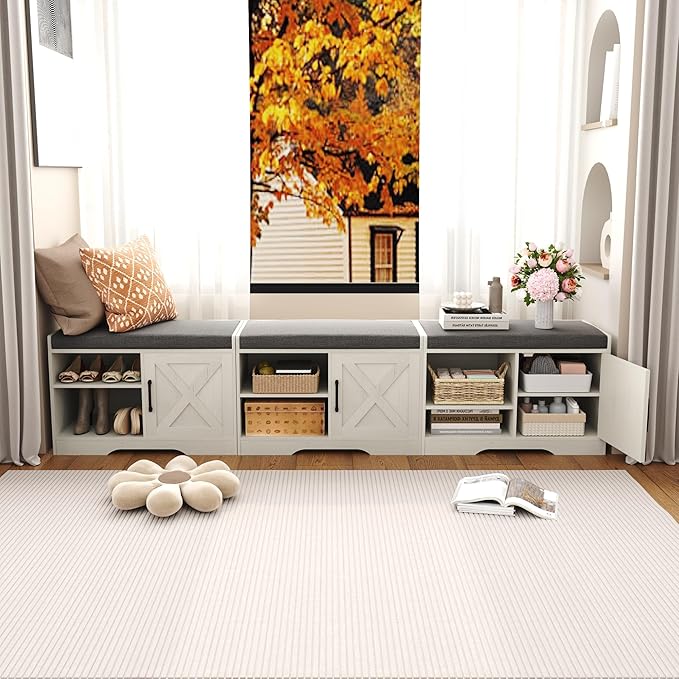 HOMEFORT 2-Tier Shoe Storage Bench with Padded Cushion Seat, Entryway Bench with Adjustable Shelf and Barn Door, 27.6" Farmhouse Shoe Rack Cabinet Bench, 300 lbs Capacity, for Bedroom, Antique White