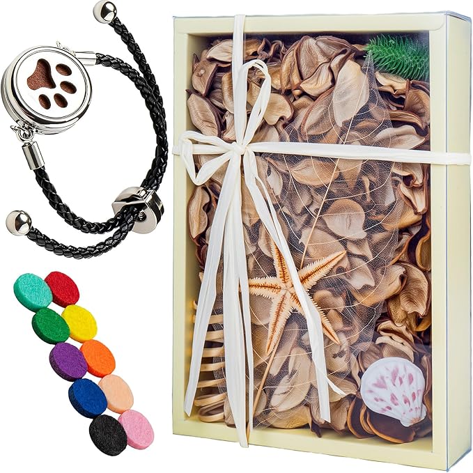 Potpourri Bag & Essential Oil Bracelet Set, Vanilla Scented Potpourri Bowl Fillers, Home Decor + Aroma Diffuser Stainless Bracelet, Fragrance Gifts for Women, Mom, Aunt, Grandma, Wife, Friend -Brown