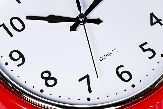 Bernhard Products Retro Wall Clock 12 Inch Red Kitchen 50's Vintage Design Round Silent Non Ticking Battery Operated Quality Quartz Clock for Home Office School or Classroom