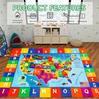 USA Map ABC Kid Rug 39.4" × 63" for Playroom Geography Classroom Rug Educational Baby Playmat Alphabet Mat for Primary School Fluffy Ployester Non-Slip Preschool Carpet for Nursery Room
