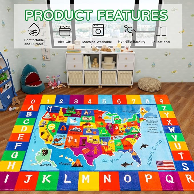 USA Map ABC Kid Rug 39.4" × 63" for Playroom Geography Classroom Rug Educational Baby Playmat Alphabet Mat for Primary School Fluffy Ployester Non-Slip Preschool Carpet for Nursery Room