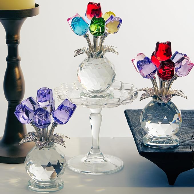 Crystal Rose Bouquet Flower Figurine Pink Purple and Red Flower Ornaments Gift for Lover