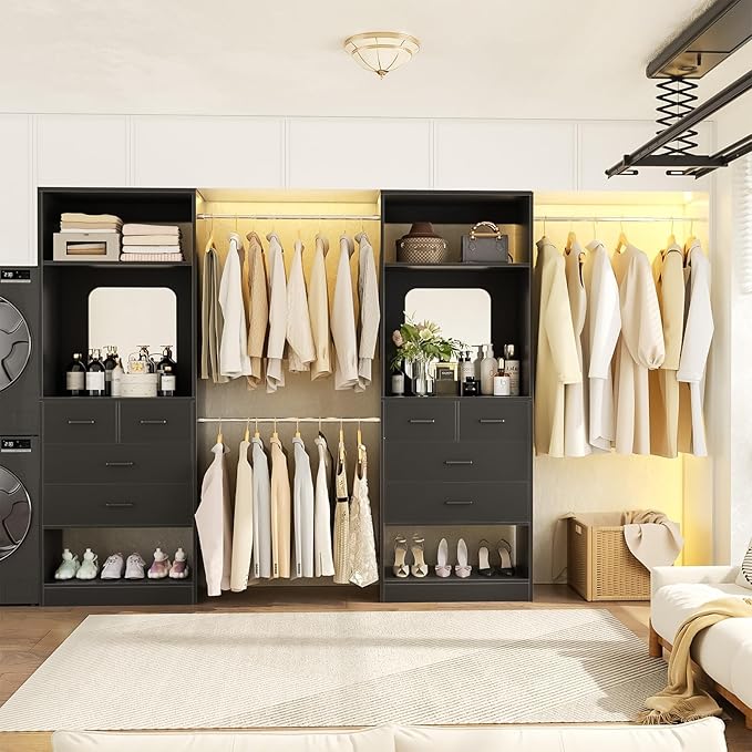 Unikito Closet Systems, 6-14FT Walk in Closet Organizer with 8 Drawers and Mirror, 168" Large Wood Closets Insert with Tower, Sturdy Wardrobe Closets Garment Rack with Extendable Hanging Rods, Black