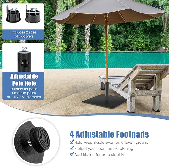 HAPPYGRILL 20” Patio Umbrella Base, 35 LBS Square Outdoor Market Umbrella Base Stand with 4 Adjustable Footpads, 1.6”/1.9” Adapters, Tightening Knob, Quick Setup, Weather-proof Umbrella Holder