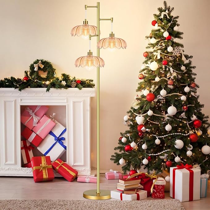Gold Floor Lamp for Living Room Bedroom,Modern Floor Lamps with Unique Amber Glass Shades,68IN Mid Century Tall Flower Standing Lamp,Vintage 3 Lights Tree Floor Lamp for Corner Office Reading