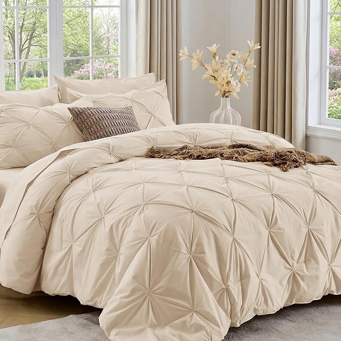 Sasttie Queen Comforter Set, 7-Piece Bed in a Bag, Pintuck Bedding Sets for All Season, Includes Comforter, Flat Sheet, Fitted Sheet, Pillowcases and Pillowshams, Warm Beige