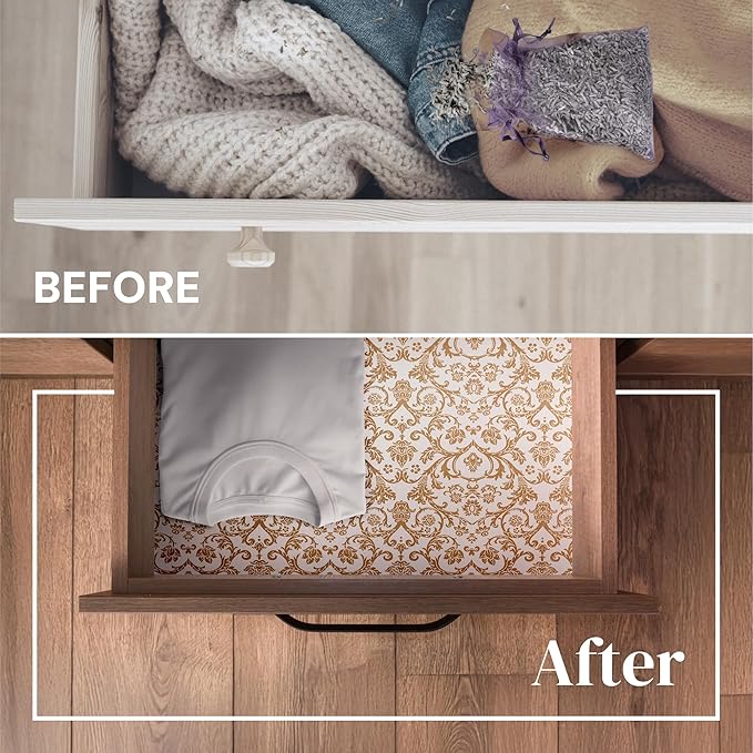 Scented Drawer Liner Sheets - 14" x 19.5" (Royal Damask) Pacific Sandalwood Non-Adhesive Paper Liners & Shelf Paper for Dressers, Cabinets & Bathroom Drawers, Birthday Present Idea