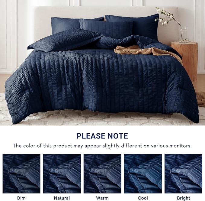 MUXHOMO 5 Pieces Twin Comforter Set, Seersucker Bed in a Bag Twin Size, All Season Luxury Bedding Set with Comforter, Flat Sheet, Fitted Sheet, Pillowcase & Sham, Navy Blue