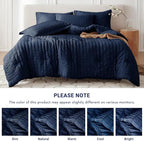 MUXHOMO 7 Pieces Queen Comforter Set, Seersucker Bed in a Bag Queen Size, All Season Luxury Bedding Set with Comforter, Flat Sheet, Fitted Sheet, Pillowcases & Shams, Navy Blue