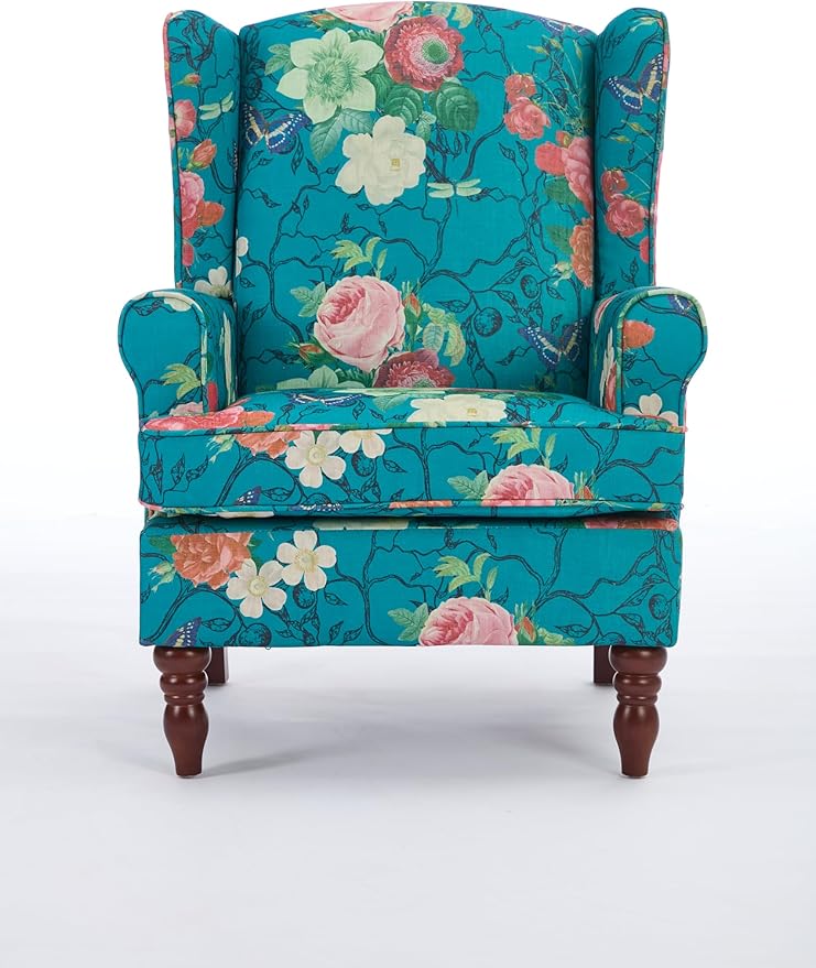KEIKI Floral Accent Chair for Living Room - Stylish Vintage Elegance with Retro Wood Legs, Upholstered Armchair for Modern Comfort