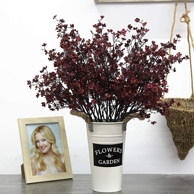 JAKY-Global Babys Breath Silk Artificial Flowers Burgundy 6 Bundle Fall Stems Fake Plants Decor Wedding Party Decoration Bouquets Real Touch DIY Home Garden,Farmhouse,Living Room (Autumn Red-6pcs)