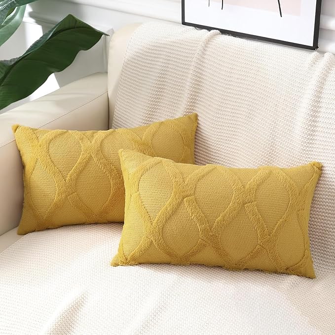 decorUhome Spring Throw Pillow Covers 12x20 Inch Set of 2, Soft Plush Faux Fur Wool Lumbar Mustard Yellow Couch Pillow Covers, Decorative Neutral Pillow Cases for Bed Sofa Living Room Home Decor