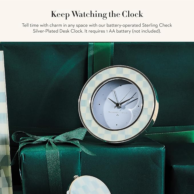 MACKENZIE-CHILDS Silver-Plated Round Desk Clock, Decorative Clock for Living Room, Kitchen, or Office, Gray-and-White Sterling Check