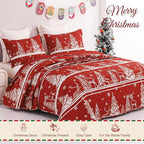 Exclusivo Mezcla Reversible Christmas Quilts Queen Size, Red Bedspread Lightweight Coverlet Winter Quilt Bedding Set with Printed Striped Trees Snowflakes Pattern (1 Quilt, 2 Pillow Shams)