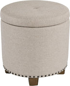 Homepop Home Decor | Upholstered Round Storage Ottoman with Nailheads| Ottoman with Storage for Living Room & Bedroom, Light Brown Fabric