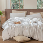 MooMee Striped Duvet Cover Set 100% Washed Cotton Linen Like Textured Breathable Durable Soft Comfy (White Cornflower Blue Wide Stripes, King 104"x90")