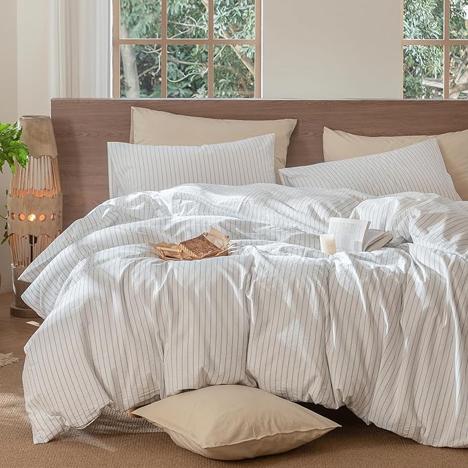 MooMee Striped Duvet Cover Set 100% Washed Cotton Linen Like Textured Breathable Durable Soft Comfy (White Cornflower Blue Wide Stripes, Super King Plus 120"x120")