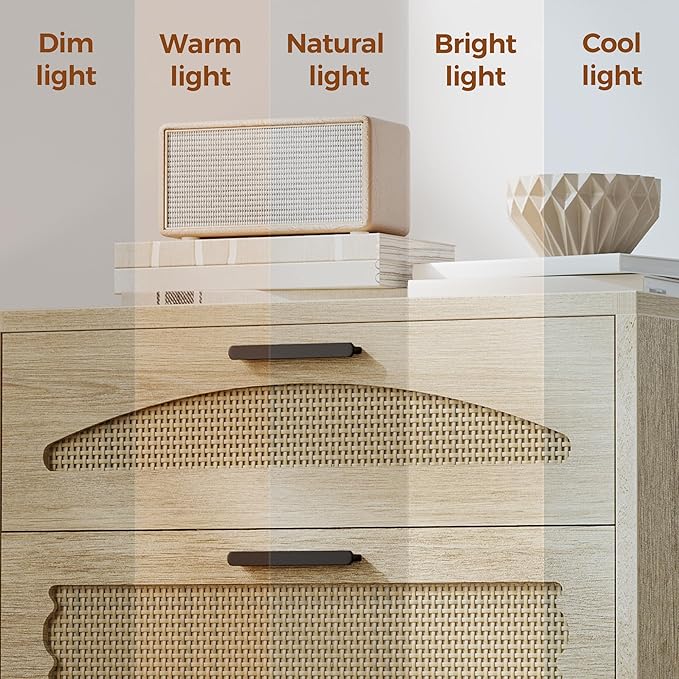 Mericonia 4 Drawer Rattan Dresser for Bedroom, Wood Tall Dresser for Closet with Metal Handles, Boho Nightstand Sets, Dressers & Chests of Drawers for Bedroom, Hallway and Entryway, Oak
