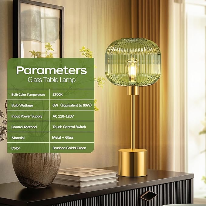 QiMH Glass Table Lamp for Living Room, Modern Bedside Lamp with Green Ribbed Glass Shade, 3-Way Dimmable Touch Control Nightstand Lamp for Bedroom, Brushed Gold (2700K LED Bulb Included)