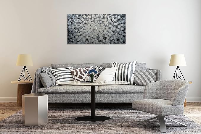 MyArton Textured Abstract Squares Canvas Wall Art Hand Painted Modern Black Silver Oil Painting Picture for Home Decoration Ready to Hang Horizontal or Vertical 40x20inch