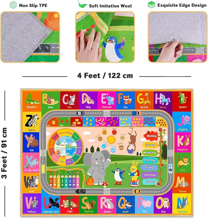Kids Rugs for Playroom 3' x 4', Playmat for Toddlers Kids Carpet for Classroom Bedroom Floor Play Mat for Kids ABC Rugs for Learning Alphabet, Numbers, Colors, Animal Words and Season