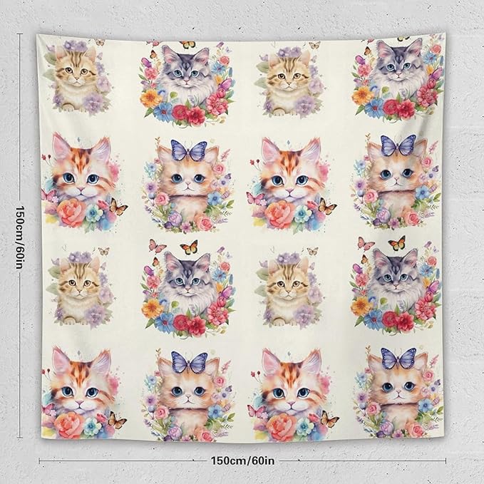 VUMIVI Watercolor Flower Cat Tapestry Colorful Cartoon Cute Animals Butterflies Abstract Art Print Tapestry Wall Hanging for Living Room Bedroom Dorm Classroom Aesthetic Decor W60xL60in