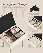 SONGMICS Vanity Stool Chair with Storage, Makeup Stool, Footrest Footstool Ottoman, Metal Legs, Adjustable Feet, for Living Room, Bedroom, Makeup Room, Cream White ULOM505WZ02