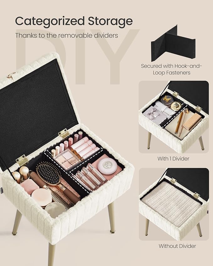 SONGMICS Vanity Stool Chair with Storage, Makeup Stool, Footrest Footstool Ottoman, Metal Legs, Adjustable Feet, for Living Room, Bedroom, Makeup Room, Cream White ULOM505WZ02