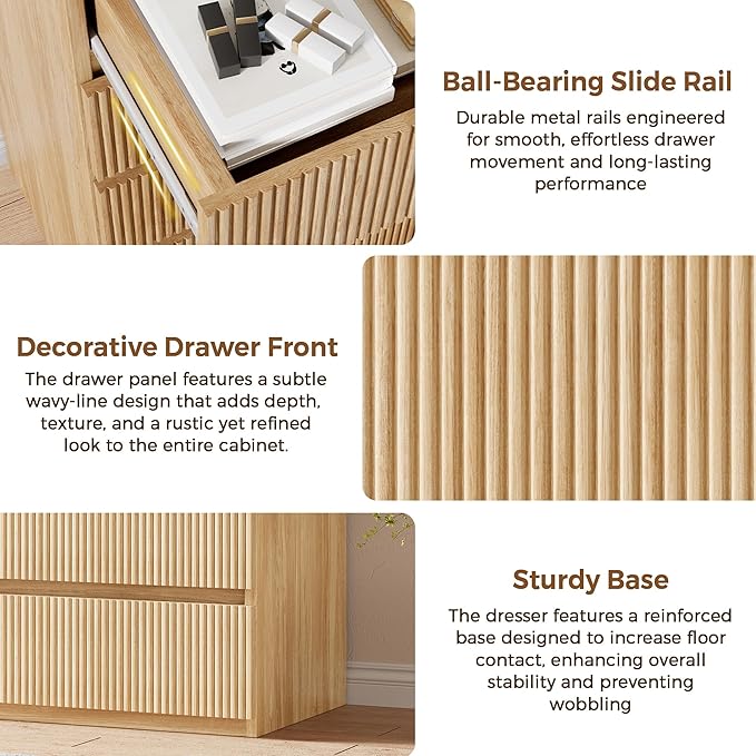Fluted 5 Drawer Dresser, 43" Tall Dresser Chest of Drawers Curved Profile Design, Wood Mid Century Vertical Dresser Natural Texture for Bedroom, Oak Dresser