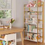 JSB No Assembly Folding Bookshelf, 5 Tier Book Shelf for Storage, Vintage Wood Foldable Bookcase for Living Room, Bedroom, Office Organization Shelves