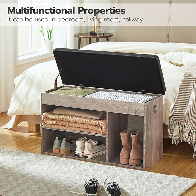 HOOBRO Shoe Storage Bench with Padded Cushion, Entryway Bench with Flip-Open Storage Box and Adjustable Shelf, Shoe Rack with Hidden Compartment, for Entryway, Living Room, Greige BG40HX01