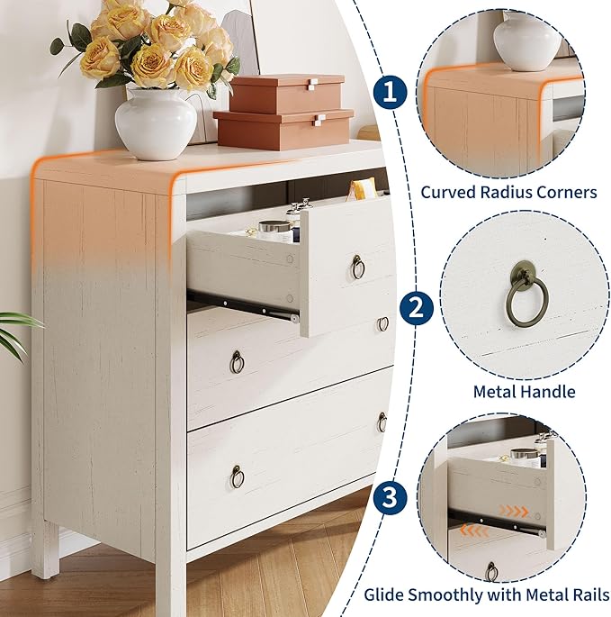 IDEALHOUSE 3 Drawer Dresser for Bedroom, Dresser Chest of Drawers with Handles, Nightstand Organizer with for Bedroom, Living Rooms, Offices, and Entryways